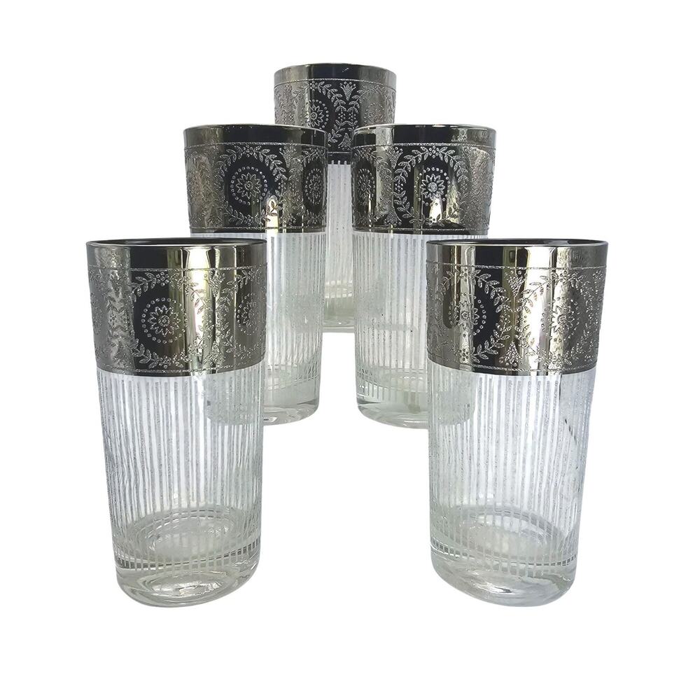 Vintage Culver Tyrol Silver Highball Glasses Set 5 MCM Barware Tumbler Cocktail